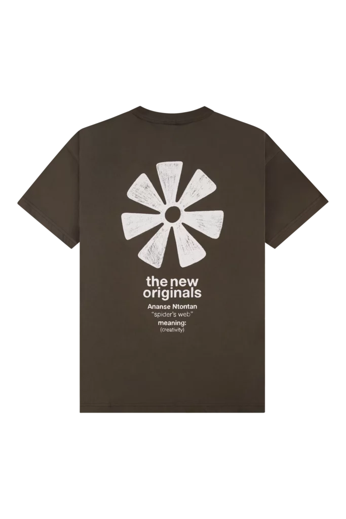T-shirt Ananse Adinkra Acid Brown avec symbole Ananse Ntentan imprimé au dos