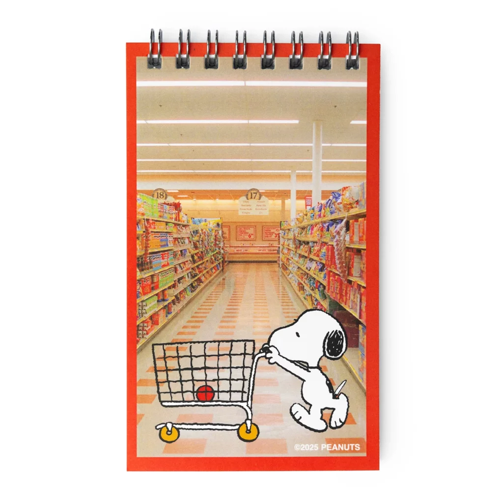 Couverture du bloc-notes Snoopy Grocery 3×5″, design vintage photo-réaliste