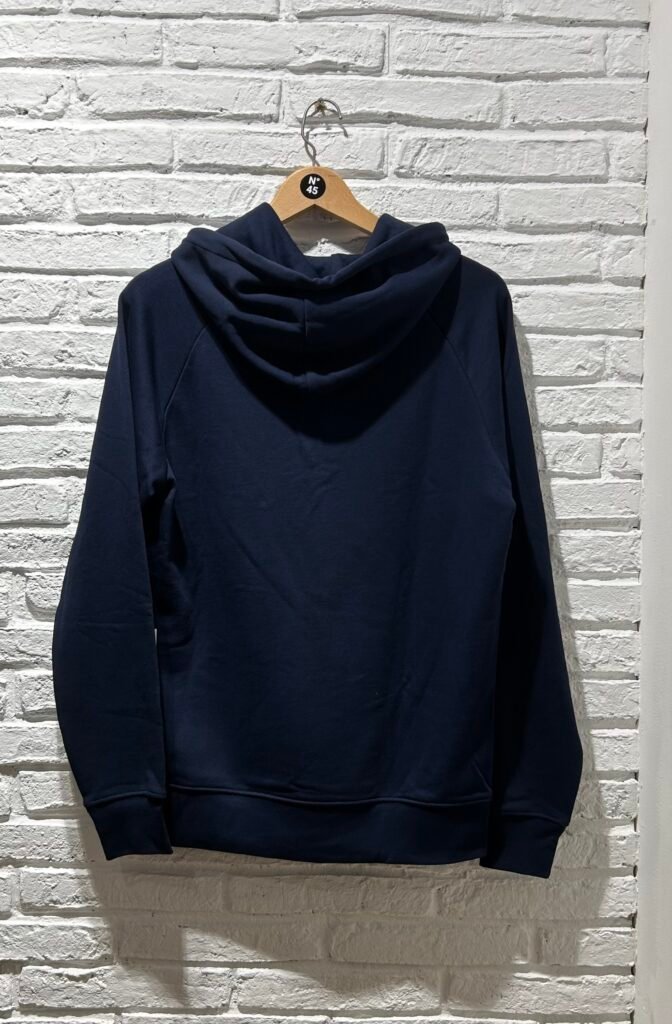 Dos du hoodie raglan bleu marine Saint Viateur en coton bio