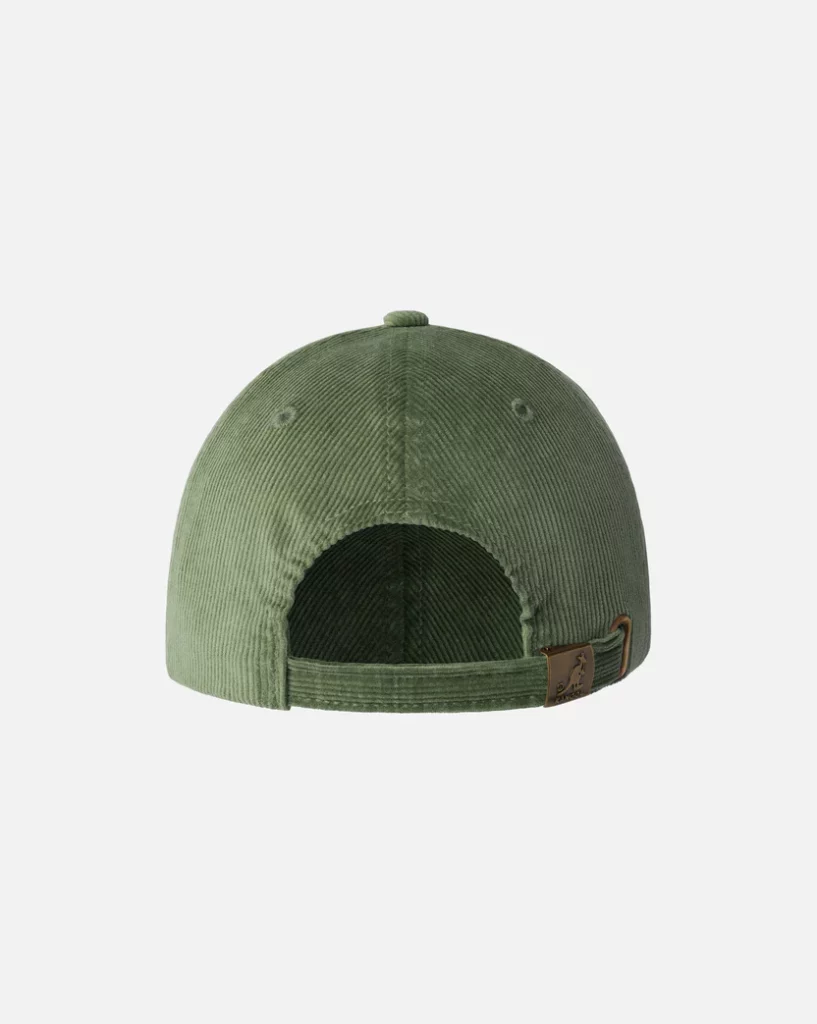 Vue de la casquette Kangol Cord Baseball — velours côtelé, coupée façon baseball, visière pré-courbée, sangle arrière réglable, coloris olive.