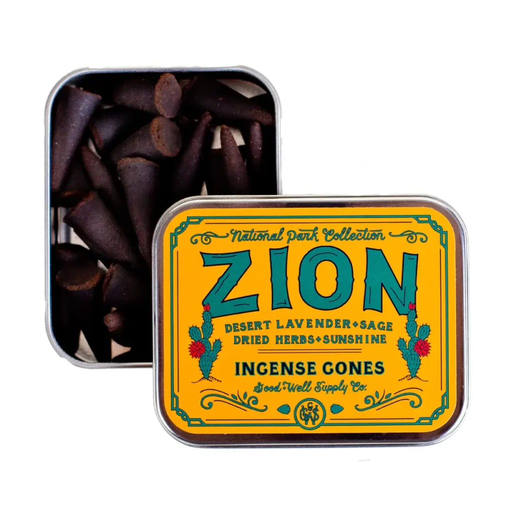 Encens Zion National Park Incense en cônes – parfum lavande du désert, sauge et herbes séchées, boîte aluminium réutilisable.