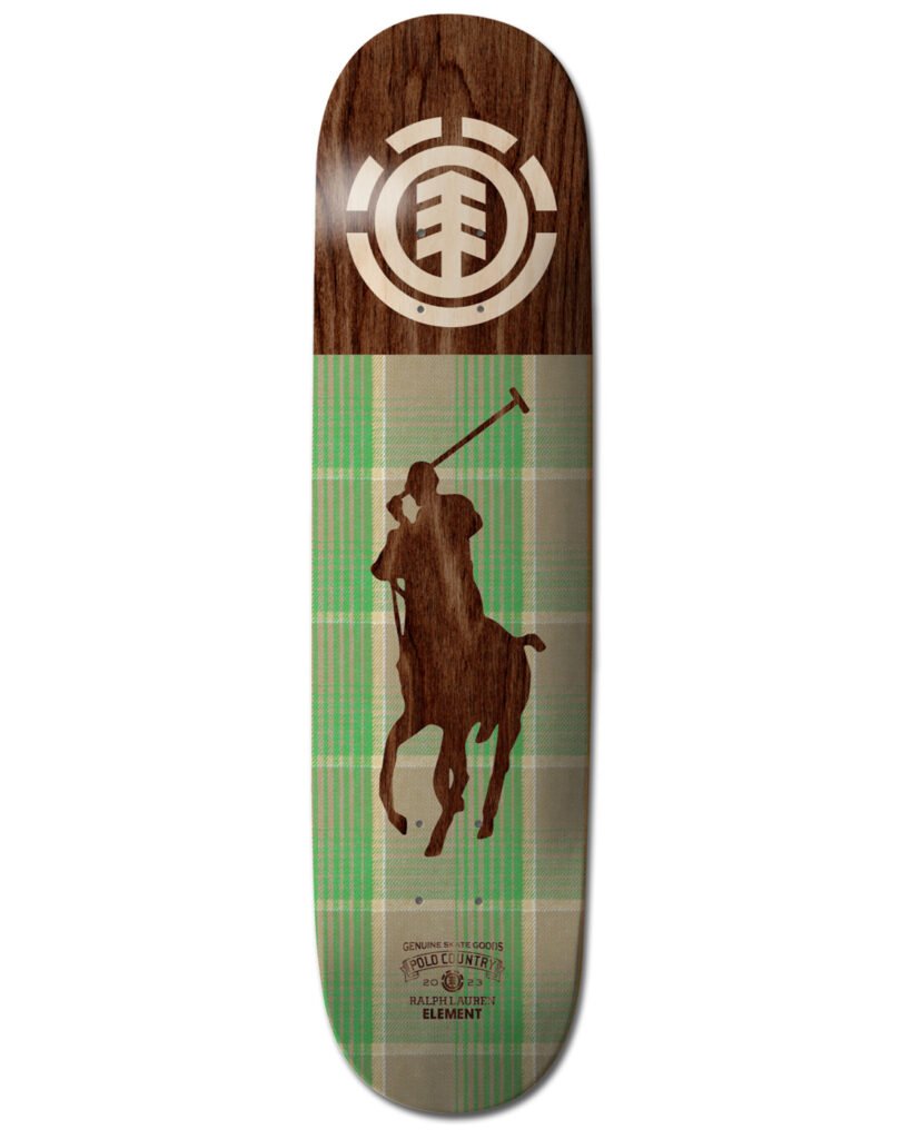 Deck “Polo Ralph Lauren x Element Pony” – planche skateboard bois d’érable 7 plis, logos Element et Polo, design heritage unique.